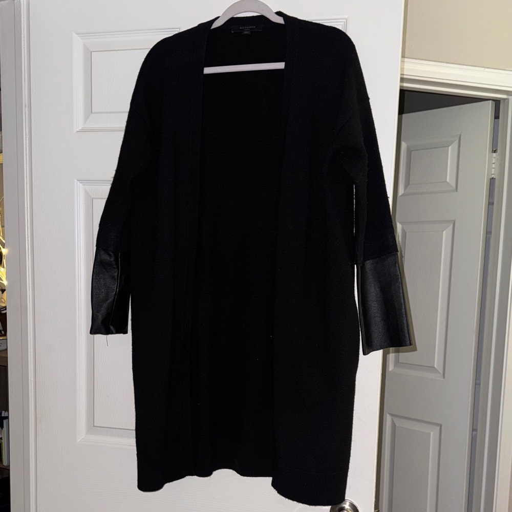 Black Long Cardigan with Leather Accents